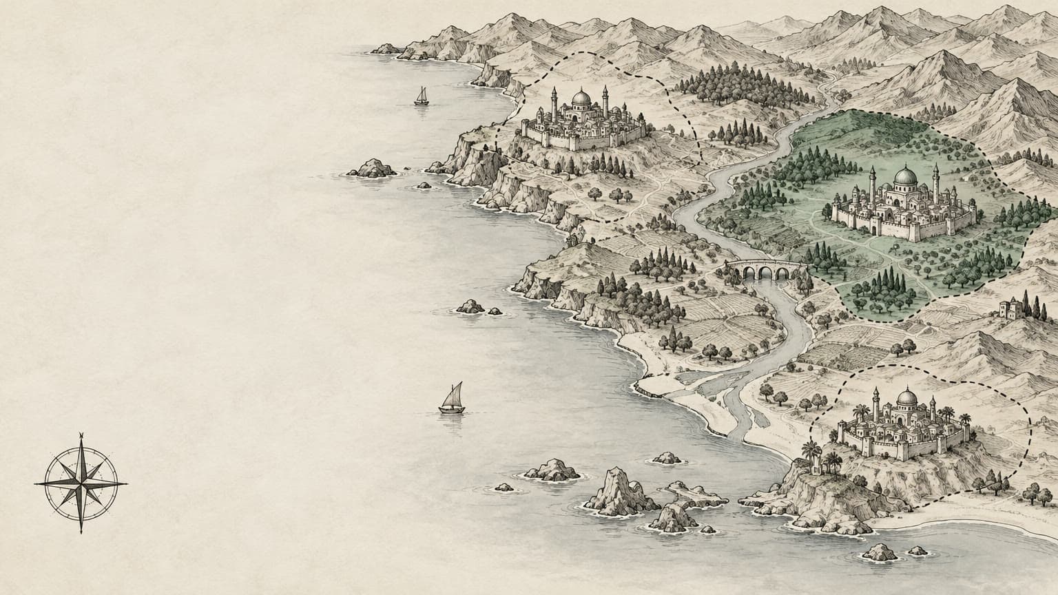 Hand-drawn map of a coast with three walled cities inside their territory borders