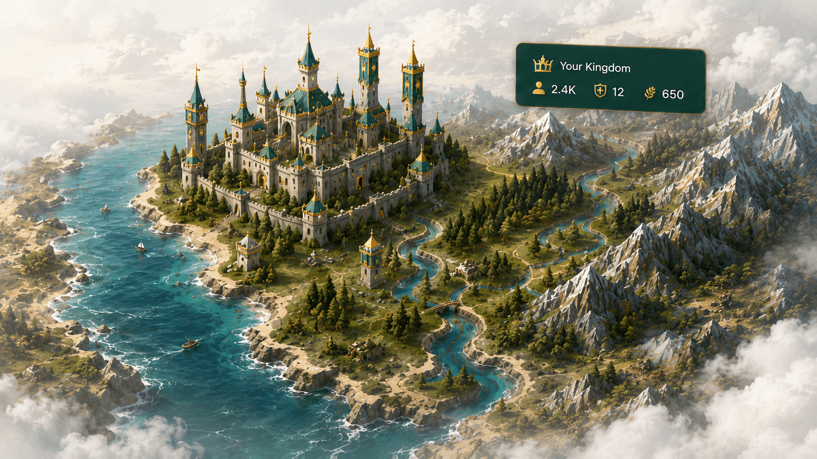 A fantasy kingdom overlooking coast, forests, rivers, and mountains